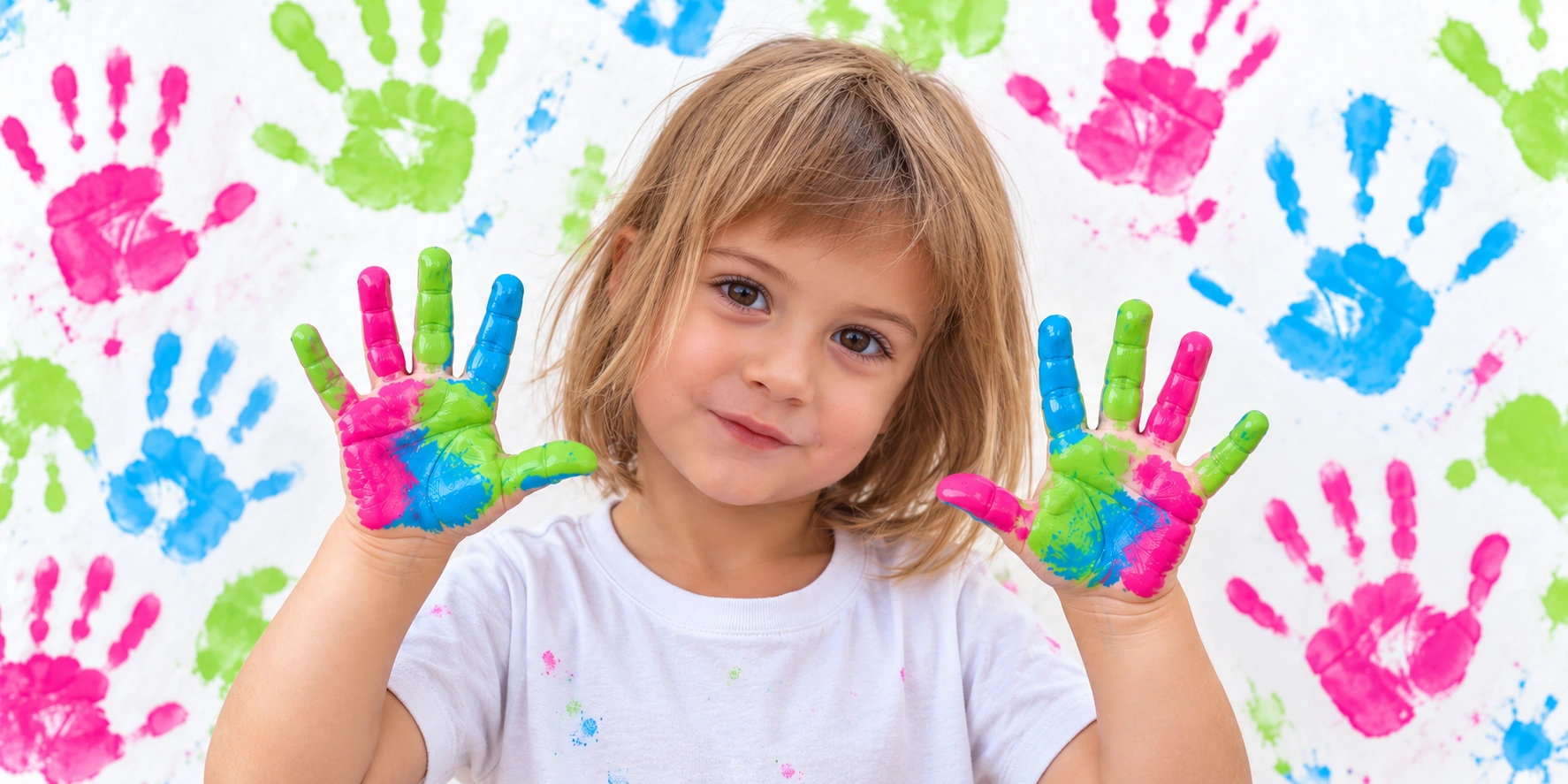 Una niña muestra las manos pintadas de rosa, verde y azul ante un fondo de huellas de manos