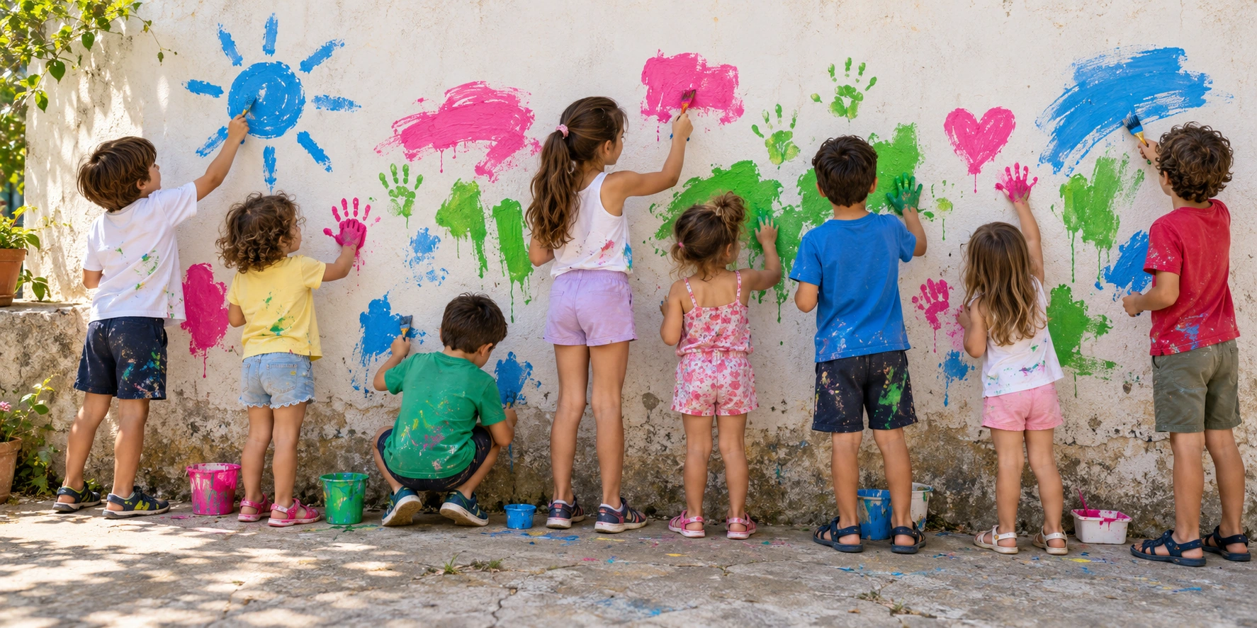 Niños y niñas pintan juntos un mural de huellas y pinceladas en rosa, verde y azul durante una actividad de verano