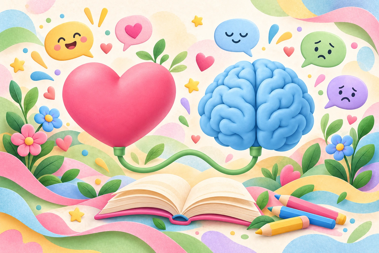 Un corazón rosa y un cerebro azul conectados, rodeados de recursos para reconocer y expresar emociones