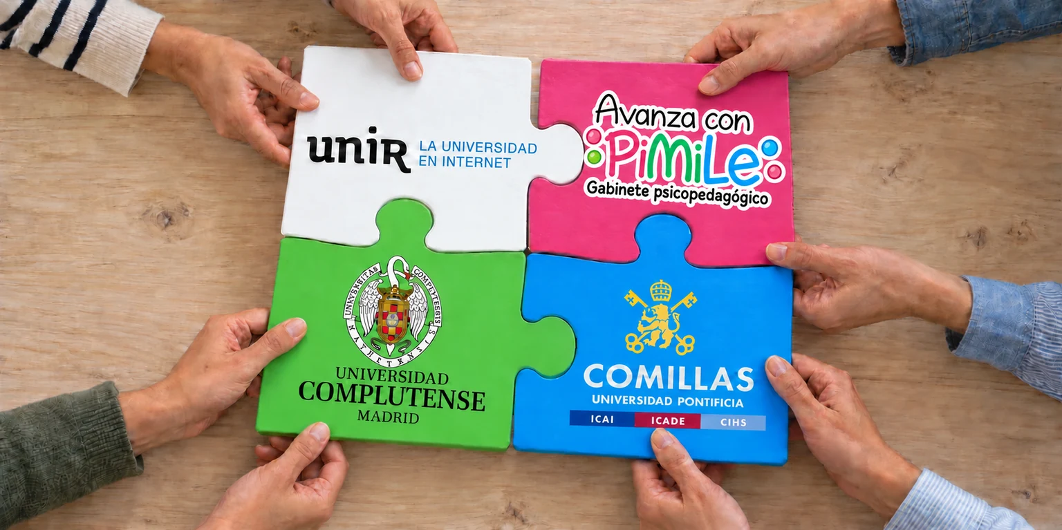 Manos uniendo piezas de un puzle con PiMiLe, UNIR, Universidad Complutense de Madrid y Universidad Pontificia Comillas