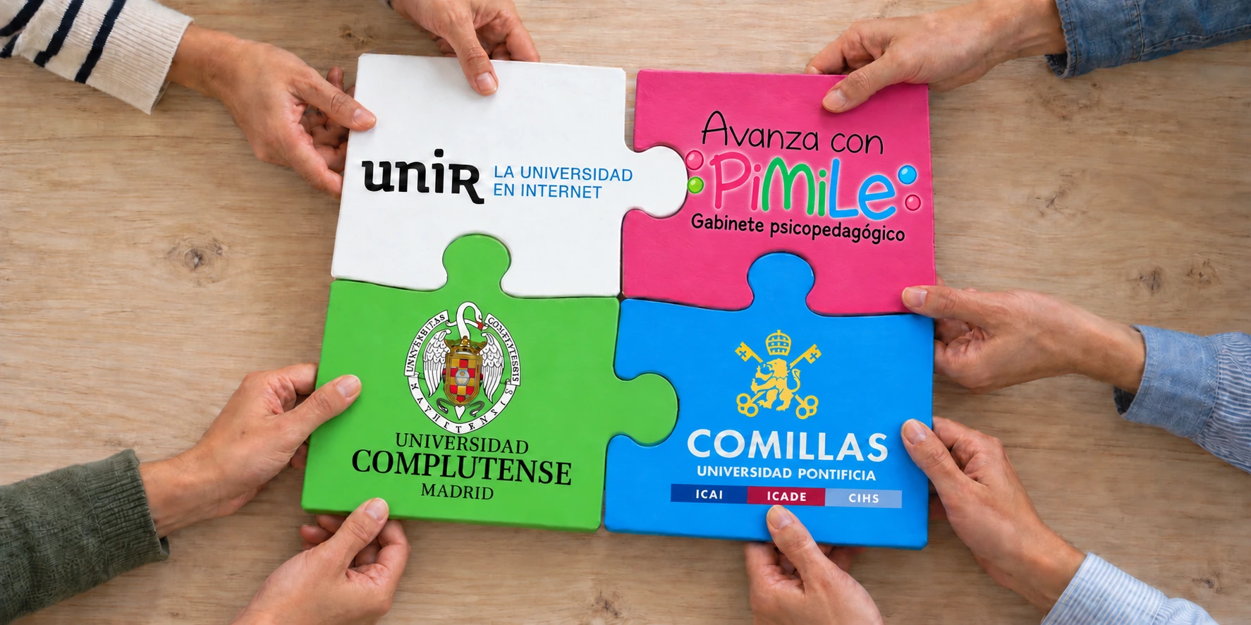 Manos uniendo piezas de un puzle con PiMiLe, UNIR, Universidad Complutense de Madrid y Universidad Pontificia Comillas