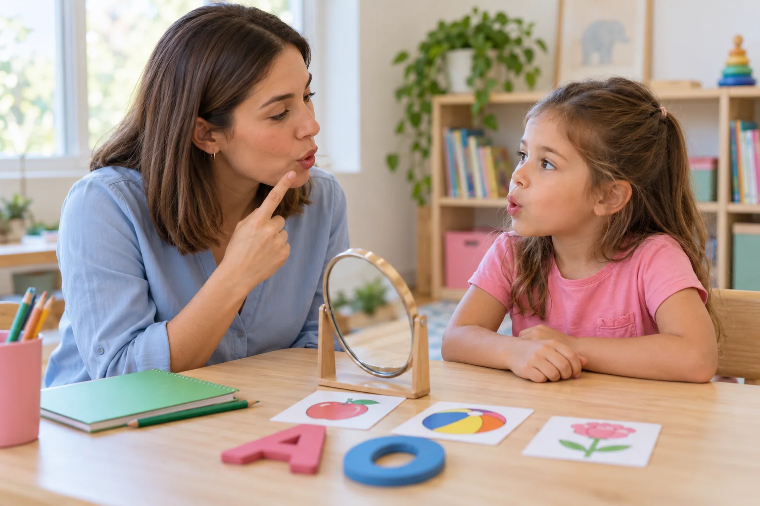Una profesional y una niña practican sonidos con un espejo, pictogramas y letras