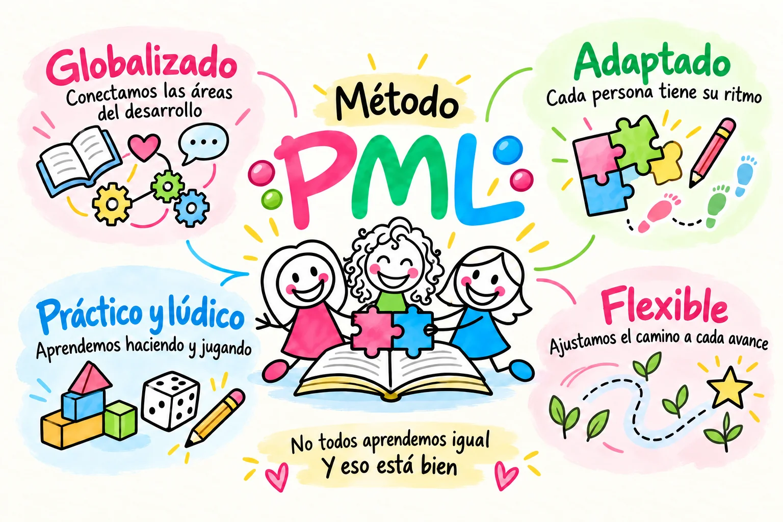 Método PML con las tres muñecas y los principios Globalizado, Adaptado, Práctico y lúdico y Flexible
