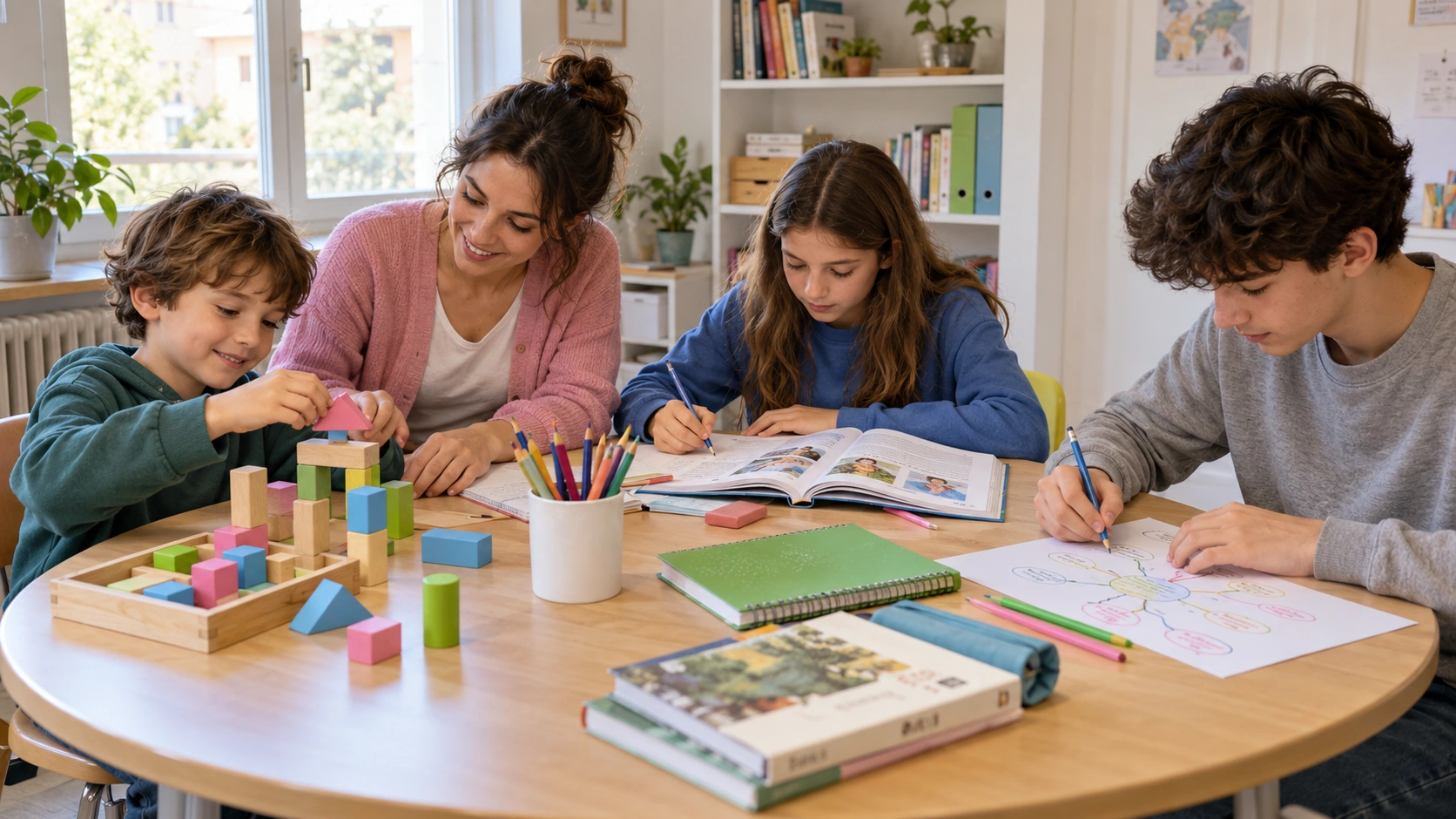 Niños y un adolescente aprenden con bloques, lectura y esquemas junto a una profesional