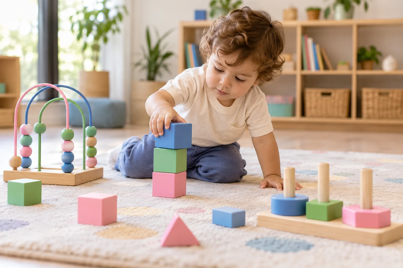 Un niño pequeño desarrolla su coordinación jugando con bloques y materiales de colores